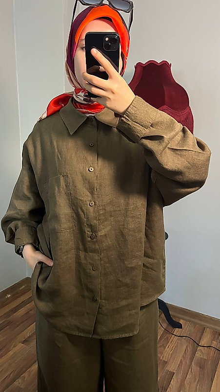 Haki Oversize Keten Gömlek