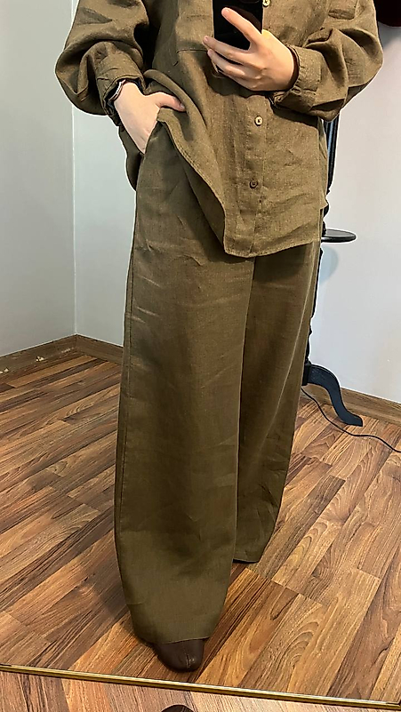 Haki Bol Paça Keten Pantolon