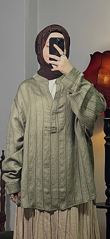 İpek Keten Oversize Gömlek / HAKİ